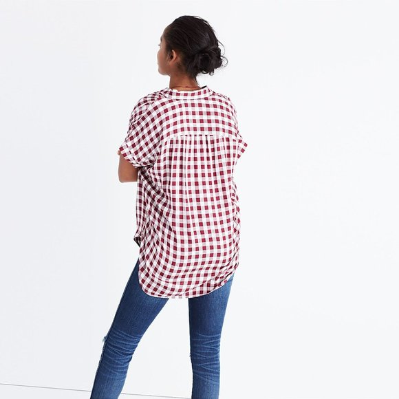 MADEWELL Central Shirt burgundy maroon Gingham Check Medium boxy blouse | XS, S - Picture 3 of 11